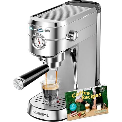 CASABREWS CM5418 Espresso Machine 20 Bar, Compact Espresso Maker with Steam Milk Frother, Stainless Steel Coffee Machine with 34oz Removable Water Tank for Cappuccino, Small Latte Machine, Silver