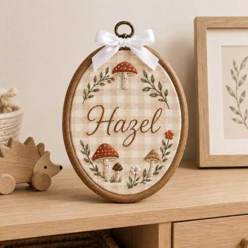 Personalized Mushroom Embroidery Hoop Art, Custom Baby Nursery Decor, Embroidered Name Sign, Mushroom Wall Hanging, Newborn Gift