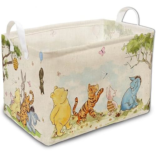 Vintage the Pooh Nursery Storage Basket with Handles, Classic Winnie Baby Stuff Decor, Winnie Baby Laundry Hamper Decor, Waterproof Foldable for Bathroom and Bedroom Stuff Clothes Toys