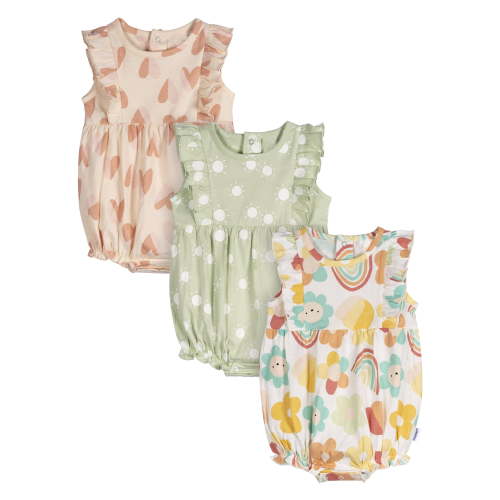 Onesies Brand Baby Girl Ruffle Sleeve Rompers, 3-Pack, Sizes, 0/3 Months - 24 Months
