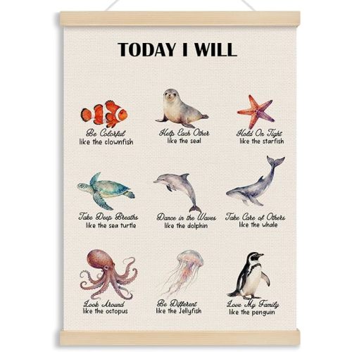 MOTERMATE Ocean Nursery Poster Hanger Frame, Nautical Coastal Beach Marine Biology Wall Hanging Decor Art Framed for Classroom Kids Room Bedroom Playroom, Affirmation Wall Poster Prints, 12x16 Inch