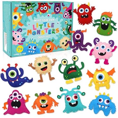 CiyvoLyeen Kids Sewing Kit Crafts– Little Monsters Felt Plush DIY Craft Adopt A Monster Educational Sewing Set for Kids Beginner Craft Kit Set of 12