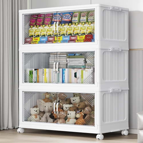 Broview V60 105Gal Extra Large Stackable Storage Bins with Lid, 420QT Plastic Containers With Drawers, Folding Closets with 6x Wheels, Collapsible Cabinets Organizers for Home Office, 3Pack White