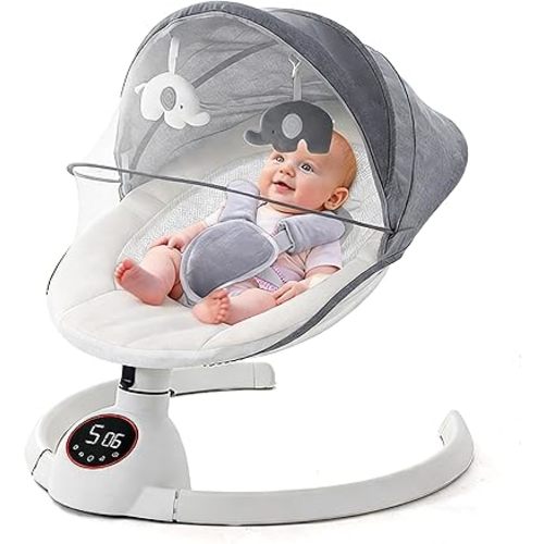 Soobaby Baby Swing for Infants,Electric Swing for Babies,Portable Swing for Baby Boy Girl,Remote Control Indoor Baby Rocker with 5 Sway Speeds,Music and Bluetooth,Bright Gray