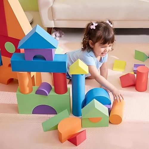 Large Building Foam Blocks for Toddlers - Tacking Soft Blocks for Kids - Shapes & Colors Learning for Kids - Construction Building Preschool Toys for Boys & Girls (30 Pieces)