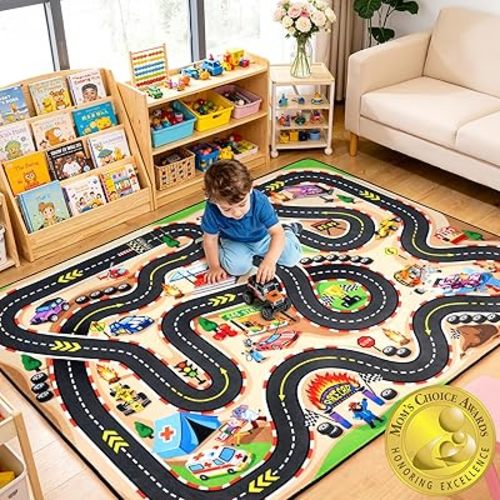 Kids Rug, Race Track Baby Play Mats, 4x6 FT Race Car Rug with 3D Cascading Surround Route, Soft & Non-Slip, Machine Washable Race Road Carpet for Kids Room, Boys Room, and Playroom