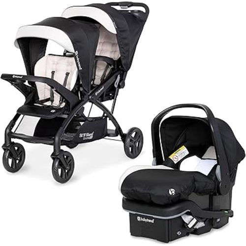 Baby Trend Sit N' Stand Tandem Double Stroller 2.0 DLX and EZ-Lift Plus Car Seat Set with 5 Point Safety Harnesses and Cozy Cover, Modern Khaki