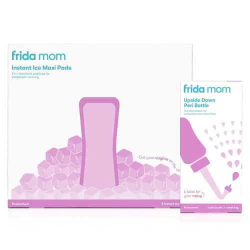 Frida Mom Upside Down Peri Bottle + 2-in-1 Postpartum Absorbent Perineal Ice Maxi Pads | for Postpartum Care, Perineal Recovery and Cleansing After Birth
