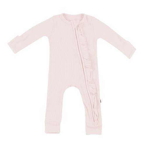 Ribbed Ruffle Bamboo Zipper Romper in Blush | Kyte Baby