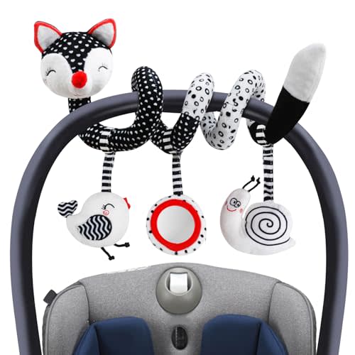Baby Carseat Toy Black & White Rattle Spiral Hanging Activity Stroller Toy for Newborns Boys and Girls - Fox