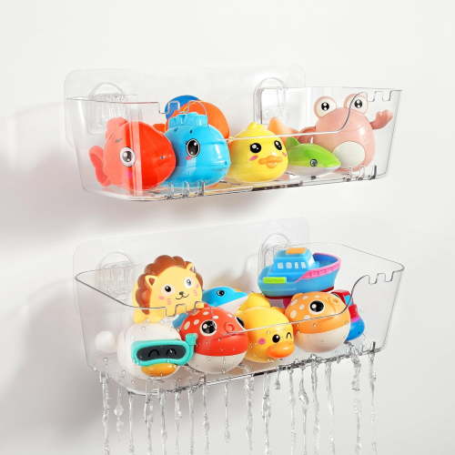 Bath Toy Storage Organizer 2 Pack, Transparent Bath Toy Holder with Drain Holes, Durable Plastic Bathtub Toy Storage for Bathroom, Quick-Dry Drainable Shower Caddy, Easy to Clean and Install