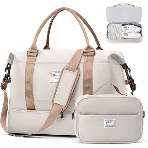 Weekender Bags for Women, Travel Duffel Bags with Shoe Compartment & Wet Pocket,Travel Bag for Airlines,Carry on Overnight Tote Bag for women with Toiletry Bag,3Pcs Set，Beige & Brown