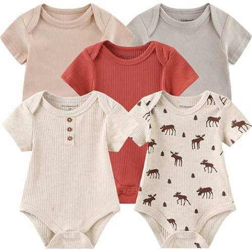 Kiddiezoom Newborn Baby Unisex Cotton One-Piece Bodysuits Baby Gift 5-Pack Baby Clothes