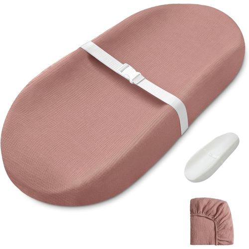 Blissful Diary Muslin Baby Changing Pad with Waterproof Lining Foam, Diaper Changing Table Pad with Cover for Dressers (Dusty Pink, Avocado)