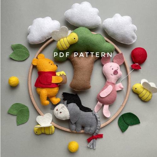 Winnie the Pooh felt Pattern, Set of 5 PDF plushie pattern, pooh bear and friends piglet Wallpapers bee Eeyore ass,Baby mobile pattern,