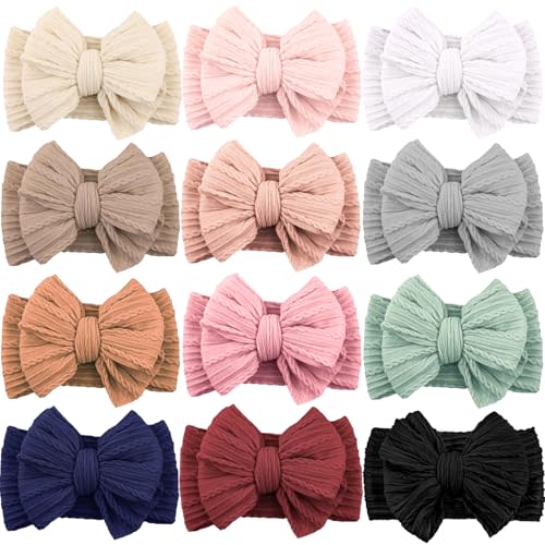 ALinmo 12 Pack Baby Headbands Super Soft Stretchy Nylon Hair Bands Hair Bows Hair Accessories for Baby Girls Newbrons infants Toddlers