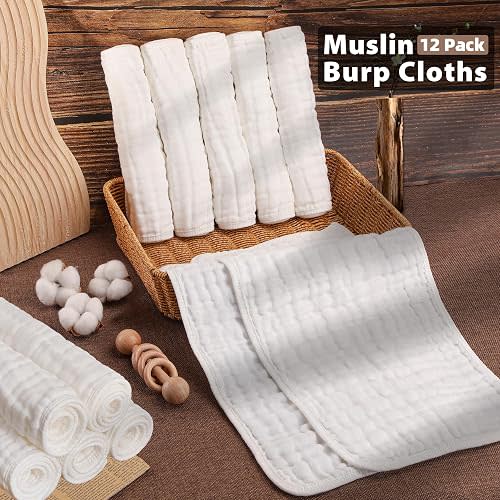 BHYTAKI 12-Pack Muslin Burp Cloths for Baby Boys & Girls, 20"X10" Essentials Large 100% Cotton Burp Rags, 6 Layers Extra Absorbent and Soft burping Cloths for Babies (White)