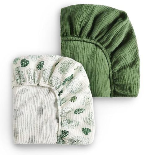 Blissful Diary Muslin Crib Sheets for Girl Boy, Boho Neutral Soft Cotton Baby Sheet for 52''x28'' Standard Crib Mattress, 2 Pack(Monstera&Dark Green)