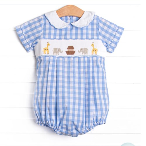 Noah's Ark Smocked Collared Bubble, Blue – Stitchy Fish