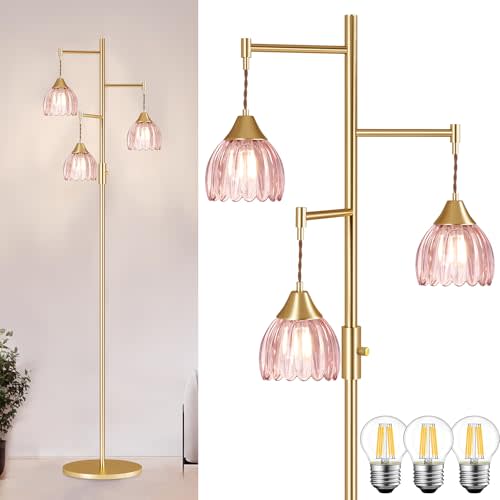 Shenmoyl Stepless Dimming Floor Lamps for Living Room, Bedroom, Gold Standing Lamp with 3pcs 6W Bulbs, Vintage Brass Floor Lamp for Corner, Nursery (Pink Tulip)