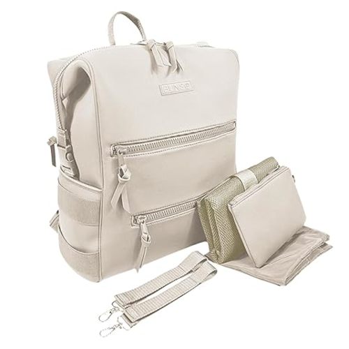 Neoprene Minimalist Backpack Diaper Bag with Pouch, Changing Pad, and Stroller Straps, Water Resistant and Lightweight, Cream