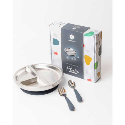 Lion & Lady 18/8 Stainless Toddler Plate with silicone suction base, spoon and fork