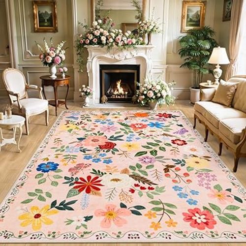 Area Rugs 9x12 Living Room: Floral Washable Rug Vintage Large Soft Boho Non-Slip Carpet Indoor Floor Stain Resistant Low Pile Carpets for Bedroom Dining Room Farmhouse Nursery Home Office Dark Beige