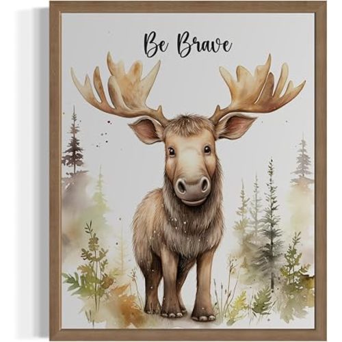 Moose Poster Art print, Nursery Animals Baby Boys Girls Toddler Children Bedroom Decoration Cute Child Safari Animal Decor 101B (Moose, 10"L x 8"W, Wood Frame)