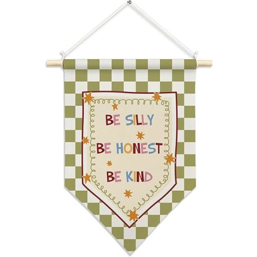 CUANFDDSF Inspirational Nursery Wall Art, Be Silly Honest Kind Wall Decor Hanging Pennant Flag, Green Checkered Motivational Canvas Banner Decorations for Kids Nursery Room Bedroom Decor, 11x15 Inch