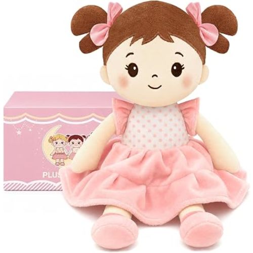 SQEQE Soft Baby Doll, 11" Plush Rag Dolls for 1 Year Old Girl Birthday Gift, First Baby Dolls Toys for Infant Toddler Kids Brown Hair