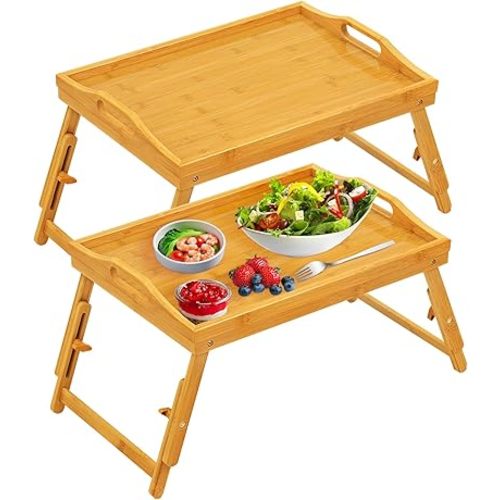 Tray Table for Bed, Bamboo Breakfast Tray with Folding Legs and Handles, Natural Color Bed Tray with Media Slot, Ideal for Eating, Serving or Working in Kitchen, Sofa or Bedroom