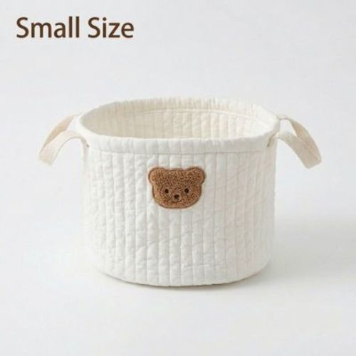 Alilang Soft Fabric Storage Basket with Embroidered Teddy Bear Design and Side Handles 7.8x7.8x6.7in - WhiteB