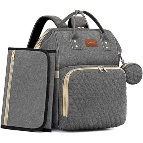 Baby Diaper Bag Backpack with Changing Pad, Pacifier Case, for Boy Girl Toddler - Large, Stylish, Waterproof Travel Quilted Diaper Bag for Mom - Baby Shower Gifts - Grey