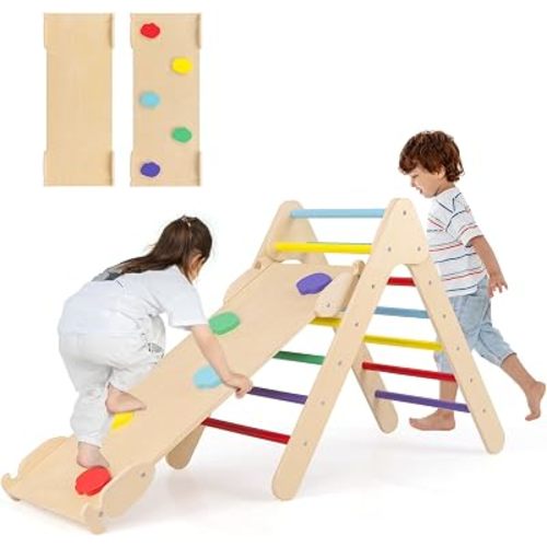 OLAKIDS Pikler Triangle Set 3 in 1 Climbing Toys for Toddlers Wood Montessori Baby Jungle Gym with Ramp Ladder Slide Kids Indoor Playground Activity Play Structure
