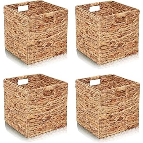 Storage Baskets 4 Pcs Water Hyacinth Cube 11.2x11.2inch Storage Bins,Foldable Woven Baskets for Bathroom, Bedroom, Laundry, Pantry, Shelves