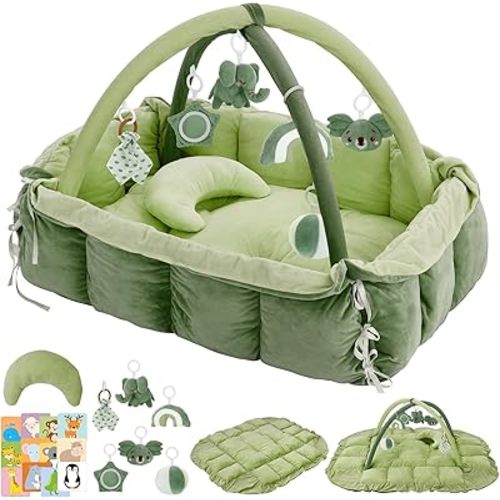 5-in-1 Baby Play Gym and Tummy Time Mat, Tummy Time Pillow & 12 Learning Cards, Plush Activity Mat with 6 Toys, Baby Gym, Convertible to Ball Pit, Green