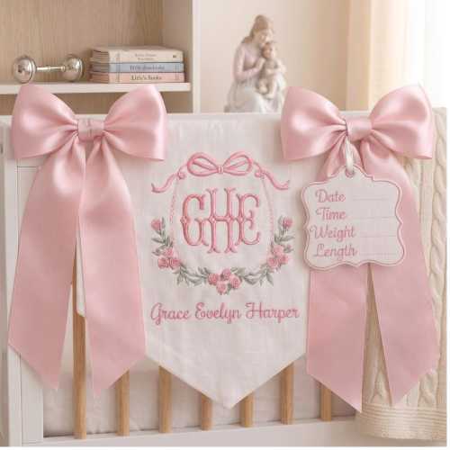 Embroidered Baby Name Banner, Monogram Crest Nursery Decor, Hospital Door Sign