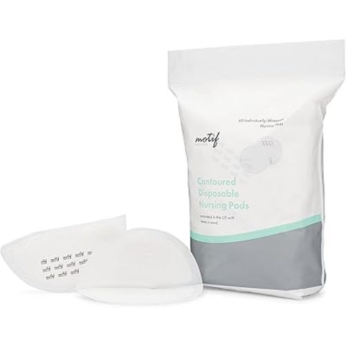 Motif Medical Disposable Nursing Pads for Women - Breathable Breast Milk Pads w/Adhesive Strips - Individually Wrapped, Contoured Nursing Breast Pads - Nipple Covers for Breastfeeding (Pack of 60)