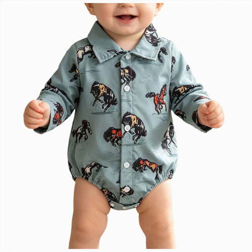 larppty Western Baby Boy Clothes Cowboy Shirt Romper Long Sleeve Button Down Dress Bodysuit Infant Gentleman Outfits (Z01-Blue, 12-18 Months)