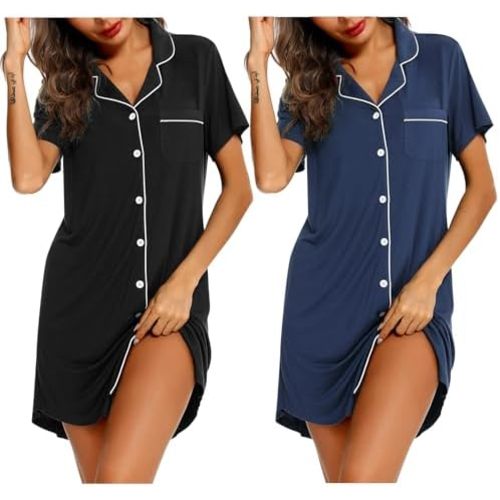 Samring 2 Pack Nightgowns for Women Short Sleeve Sleepwear Button Down Nightshirts Sleep Shirts Boyfriend Pajama Dress