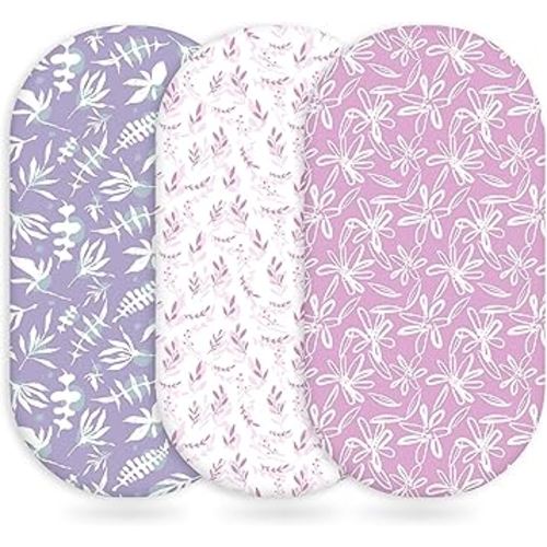 Baby Bassinet Sheets Girl Boy, Fitted Bassinet Sheet Set 3 Pack Bassinet Mattress Sheets Universal Fit for Rectangle, Round, Oval, Hourglass Mattress, Soft Breathable Purple Leaf