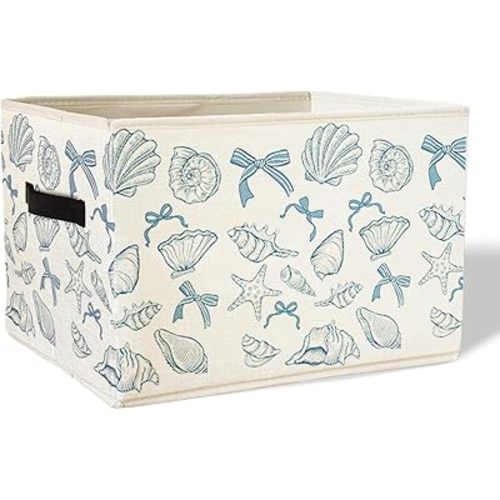 Coquette Blue Bow Ocean Storage Bin Box With Handles for Girls Kids, Bow Coastal Nautical Foldable Organizer Basket Toybox for Girls Room Nursery Bedroom Bathroom Clothes Toys Books