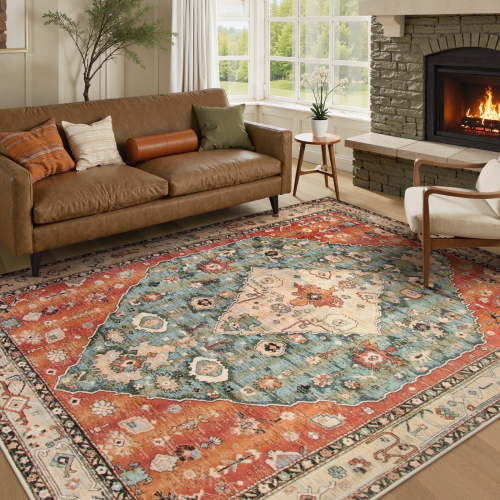 Wonnitar 8'x10' Area Rug for Living Room Boho Tribal Area Rug for Bed Room Machine Washable Mat Large Indoor No Slip Vintage Carpet for Dining Family Room Foyer Apartment Den,Rust