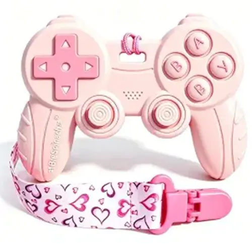 Cool Remote Game Control Teething Toy for Babies 0-6 6-12 Months,Game Controller Teether for Gamer Parents,Baby's First Valentines Day Gifts,Silicone Remote Chew Toys（Pink