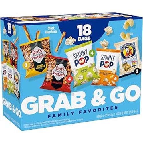SkinnyPop Family Favorites Variety Pack, SkinnyPop Original and White Cheddar Popcorn, Dot's Original and Honey Mustard Pretzels, Pirate's Booty, On-the-Go Snacks, 0.5oz and 1oz Bags (18 Count)