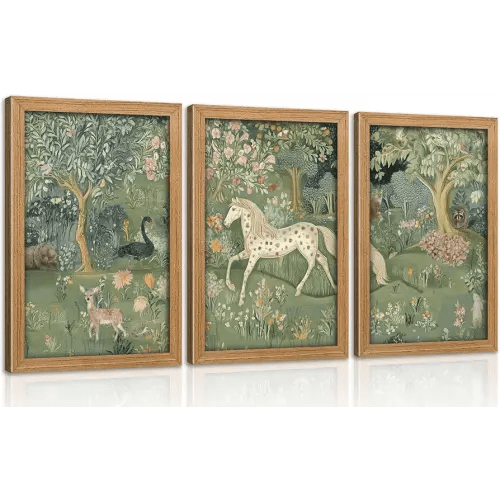 Framed Vintage Woodland Animal Nursery Wall Art Magic Horse Bear Deer Poster Green Fantasy Forest Botanical Pictures Decor Fairy Tale Nature Painting Canvas Print Artwork for Kids Room Living Room