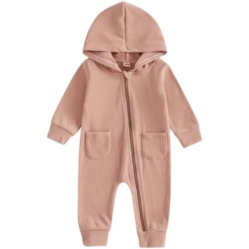 Newborn Baby Girl Boy Clothes Solid Color Long Sleeve Hoodie Romper Zip Up Jumpsuit Basic Fall Winter Outfit