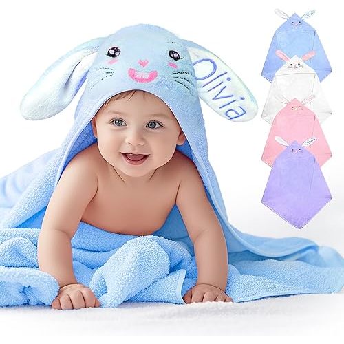 Custom Hooded Bath Towel with Name, Personalized Absorbent Bunny Baby Towels, Soft Shower Towels for Girls Boys, Easter Christmas Brithday Gifts for Baby, Toddler, Newborn, Kids (Blue)