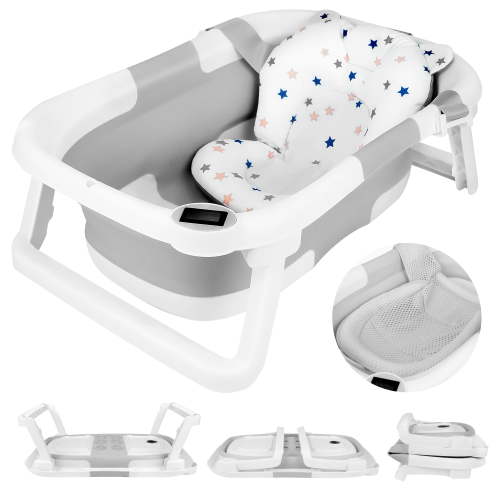 Collapsible Baby Bathtub,BUSATIA Baby Bath Tub with Soft Thermometer & Soft Floating Cushion & Bath Net,Baby Bathtub Newborn to Toddler 0-36 Months,Portable Travel Baby Tub,Gray