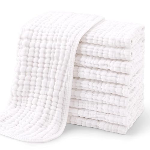 Yoofoss Muslin Burp Cloths for Baby 10 Pack 100% Organic Cotton Baby Washcloths for Boys Girls Large 20''X10'' Super Soft and Absorbent White